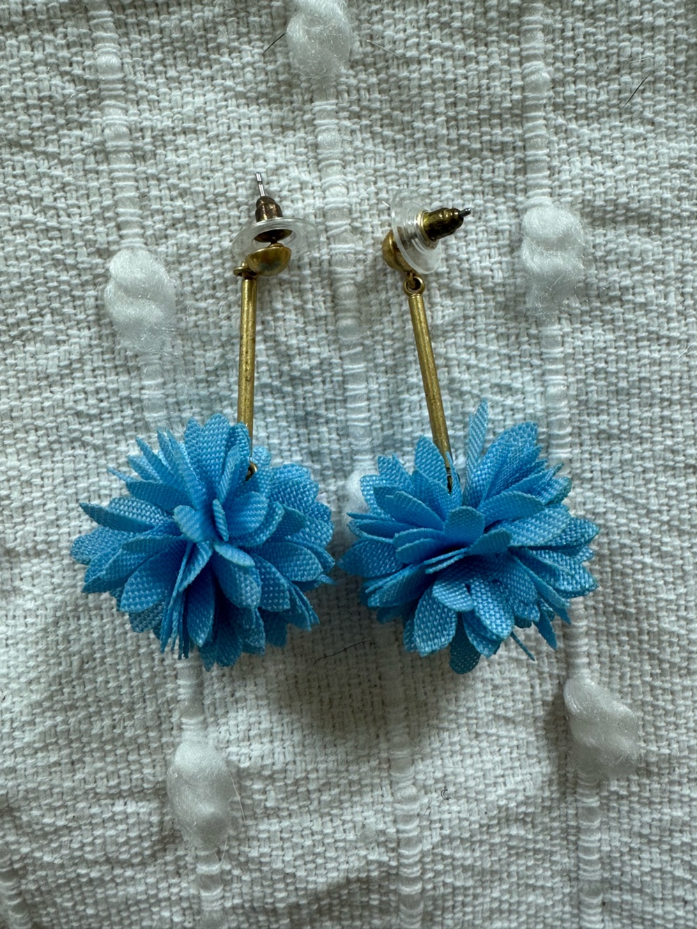 J. Crew fabric Pom Pom flower blue earrings